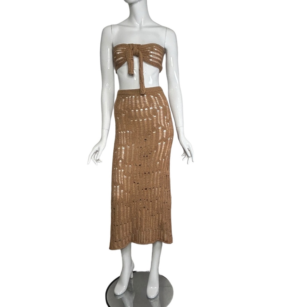 Swim Coverup Lilyful Open Knit 2 pc Set Size Small Taupe Tube Top Midi Skirt